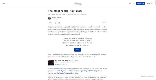 Security scan screenshot of https://marshallandthemovies.substack.com/p/the-upstream-may-2026
