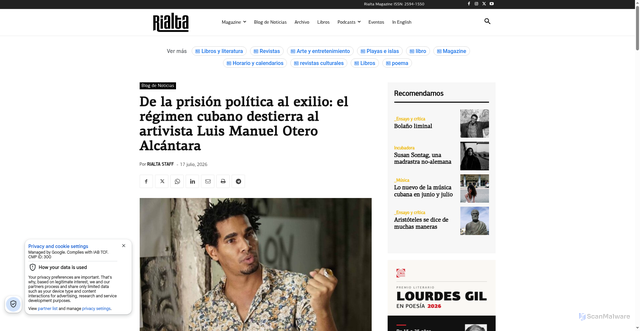 Security scan screenshot of https://rialta.org/luis-manuel-otero-alcantara-artista-opositor-cubano-exilio/