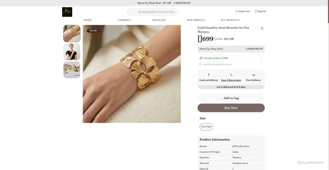 Security scan screenshot of https://jsncollections.com/Gold-Stainless-Steel-Bracelet-Set-For-Women/catalogue/YSB8S8wD/6iRHtlBN