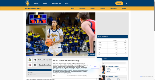 Security scan screenshot of https://ncataggies.com/news/2025/11/4/mens-basketball-has-promising-season-debut-at-south-carolina.aspx