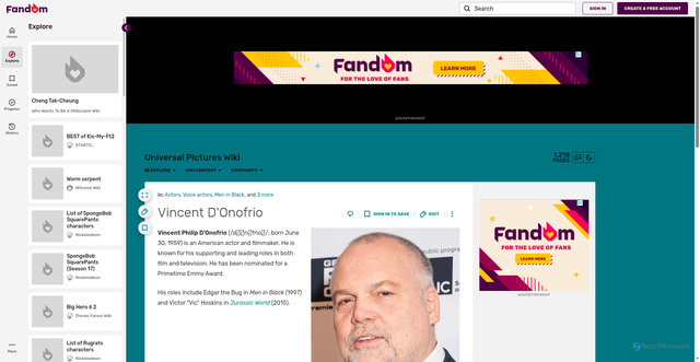Security scan screenshot of https://universal-pictures.fandom.com/wiki/Vincent_D%27Onofrio