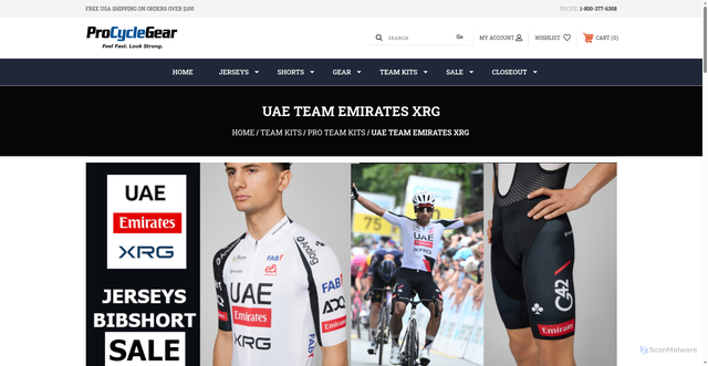 Security scan screenshot of https://procyclegear.com/uae-team-emirates-xrg/?srsltid=AfmBOoo0fFyjMolodKazJgeT4NhEaFmDQDAtR437d5tv8tW4nzNtg4yN