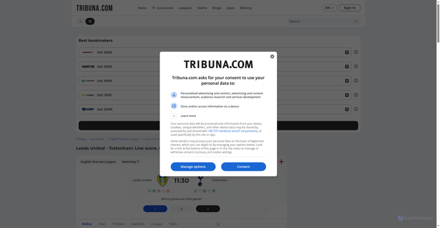 Security scan screenshot of https://tribuna.com/en/match/102692883/