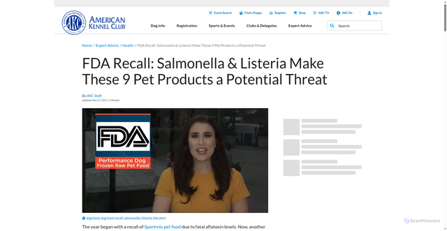Security scan screenshot of https://www.akc.org/expert-advice/health/fda-recall-salmonella-listeria-make-9-pet-products-potential-threat/