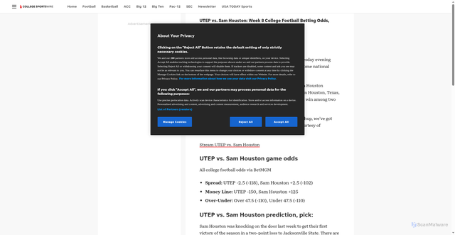 Security scan screenshot of https://collegesportswire.usatoday.com/story/sports/college/college-football/2025/10/15/utep-sam-houston-betting-odds-predictions-pick-week-8/86688193007/