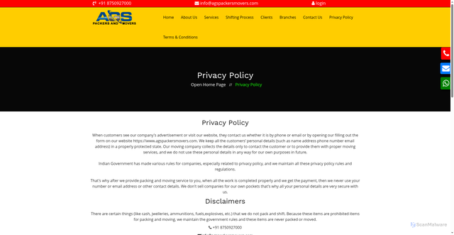 Security scan screenshot of https://agspackersandmovers.com/privacy-policy.html