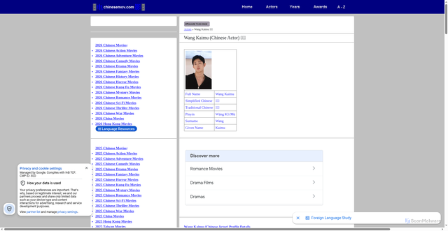 Security scan screenshot of https://act.chinesemov.com/actors/Wang-Kaimu