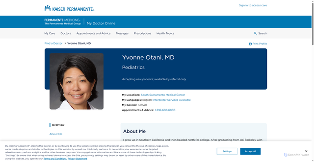 Security scan screenshot of https://mydoctor.kaiserpermanente.org/ncal/doctor/yvonneotani