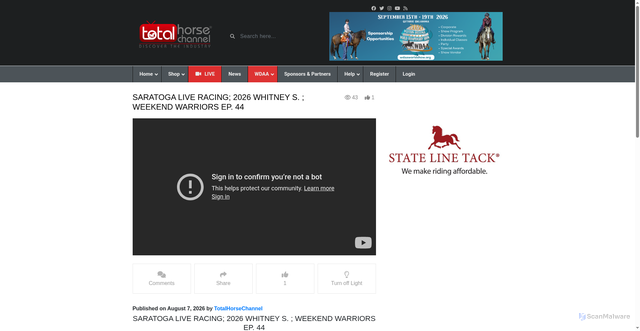 Security scan screenshot of https://totalhorsechannel.com/video/saratoga-live-racing-2026-whitney-s-weekend-warriors-ep-44/
