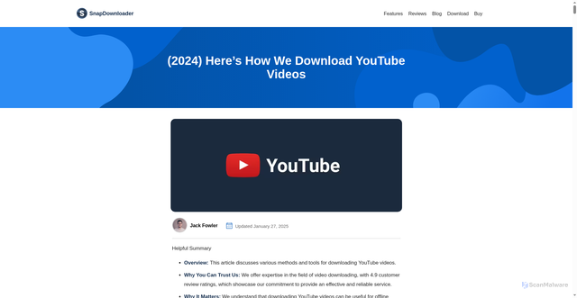 Security scan screenshot of https://snapdownloader.com/blog/how-to-download-youtube-videos