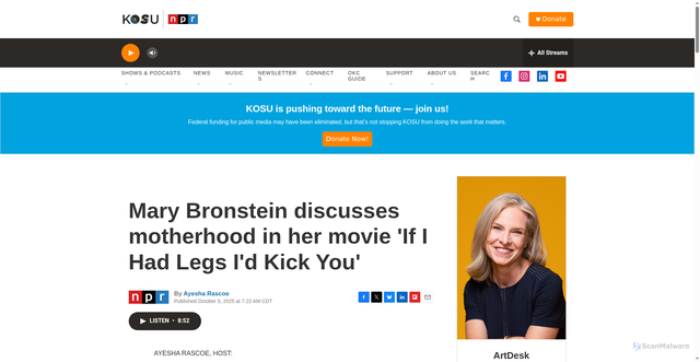 Security scan screenshot of https://www.kosu.org/2025-10-05/mary-bronstein-discusses-motherhood-in-her-movie-if-i-had-legs-id-kick-you