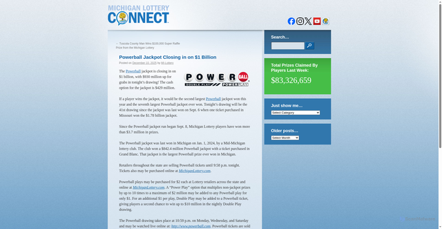 Security scan screenshot of https://milotteryconnect.com/2025/12/10/powerball-jackpot-closing-in-on-1-billion/