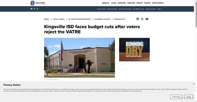 Security scan screenshot of https://www.kristv.com/news/local-news/in-your-neighborhood/kleberg-county/kingsville/kingsville-isd-faces-budget-cuts-after-voters-reject-the-vatre