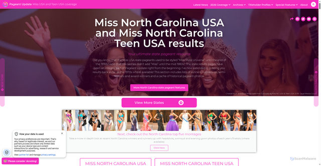 Security scan screenshot of https://www.pageantupdate.info/state-results/north-carolina/