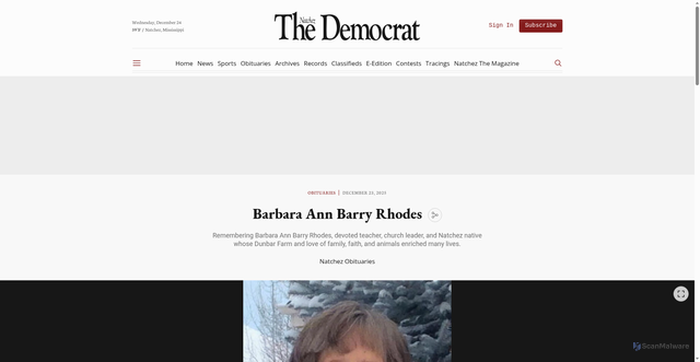 Security scan screenshot of https://www.natchezdemocrat.com/obituaries/barbara-ann-barry-rhodes-79ad409a