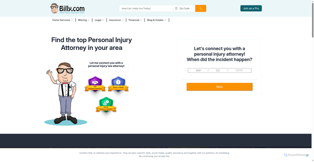 Security scan screenshot of https://www.billy.com/personal-injury-attorney?srsltid=AfmBOoqYM6ijmZOcU9FaIRScrUd3f5vWtB4ro0loWeSWcGTKKLP0JlVR