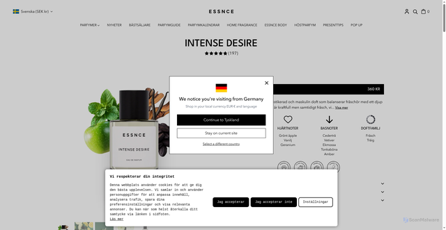 Security scan screenshot of https://checkout.essnce.se/products/intense-desire?utm_source=Klaviyo&utm_medium=flow&utm_campaign=Kika%20in%20p%C3%A5%20v%C3%A5rt%20lager&_klaviyopid=01M1432W4A69VDMQVTSWKFFQAH&_kx=-uXo7KnnzTZXcnXmPajZU7VvuGqIelMToRT0XwNv-fM.RjWjqG