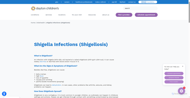 Security scan screenshot of https://childrensdayton.org/kidshealth/shigella/