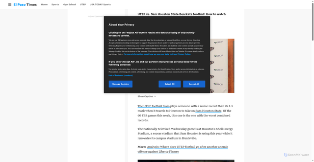 Security scan screenshot of https://www.elpasotimes.com/story/sports/college/utep/2025/10/15/where-to-watch-utep-football-vs-sam-houston-today-channel-time-odds/86679770007/