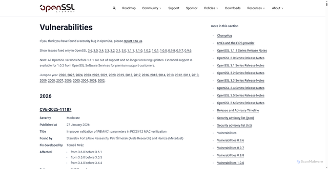 Security scan screenshot of https://openssl-library.org/news/vulnerabilities/index.html#CVE-2025-69418