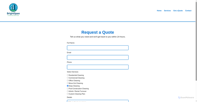 Security scan screenshot of https://brightspancleaning.com/quote.html?service=Deep%20Cleaning