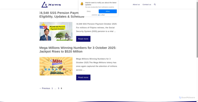 Security scan screenshot of https://2026socialsecuritycolaincrease.com/page/6/