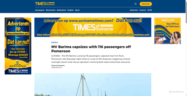 Security scan screenshot of https://www.surinametimes.com/artikel/mv-barima-capsizes-with-116-passengers-off-pomeroon