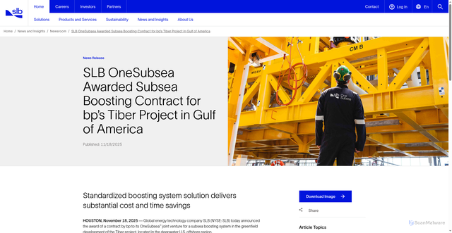Security scan screenshot of https://www.slb.com/news-and-insights/newsroom/press-release/2025/slb-oss-bp-tiber-pr