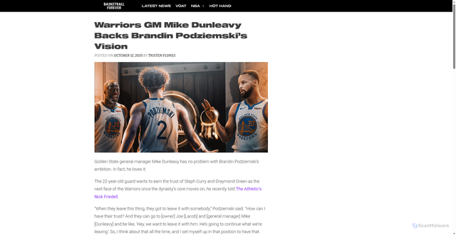Security scan screenshot of https://basketballforever.com/2025/10/12/warriors-gm-mike-dunleavy-backs-brandin-podziemskis-vision