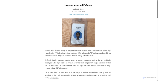 Security scan screenshot of https://soumith.ch/blog/2025-11-06-leaving-meta-and-pytorch.md.html