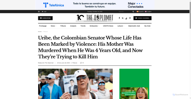 Security scan screenshot of https://thediplomatinspain.com/en/2025/06/20/uribe-the-colombian-senator-whose-life-has-been-marked-by-violence-his-mother-was-murdered-when-he-was-4-years-old-and-now-theyre-trying-to-kill-him/