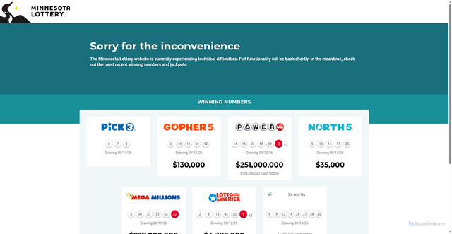 Security scan screenshot of https://www.mnlottery.com