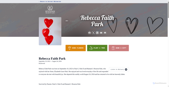 Security scan screenshot of https://www.evansmortuary.biz/obituaries/rebecca-park