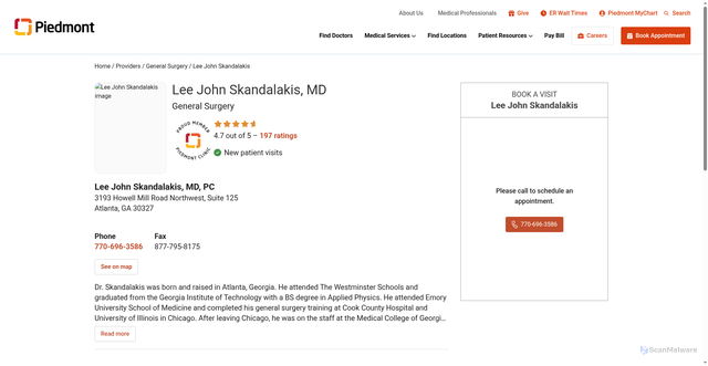 Security scan screenshot of https://www.care.piedmont.org/provider/Lee+John+Skandalakis/387426