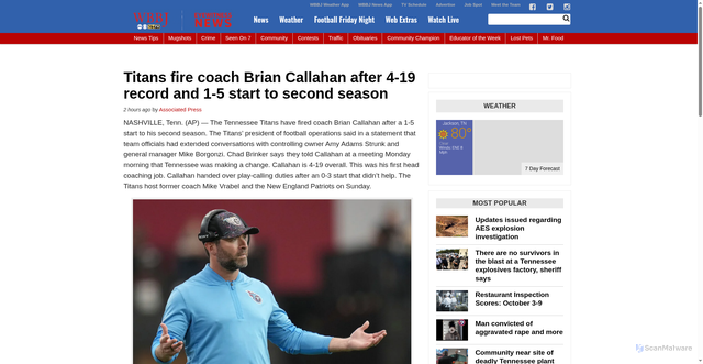 Security scan screenshot of https://www.wbbjtv.com/2025/10/13/titans-fire-coach-brian-callahan-after-4-19-record-and-1-5-start-to-second-season/