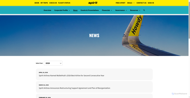 Security scan screenshot of https://ir.spirit.com/news/default.aspx