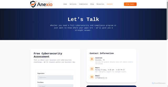Security scan screenshot of https://anexio.co/contact.html