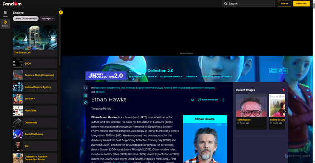 Security scan screenshot of https://jhwikicollection-20.fandom.com/wiki/Ethan_Hawke