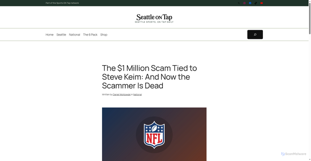 Security scan screenshot of https://blog.seattleontap.com/the-1-million-scam-tied-to-steve-keim-and-now-the-scammer-is-dead/