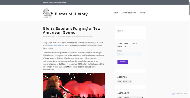 Security scan screenshot of https://prologue.blogs.archives.gov/2023/09/18/gloria-estefan-forging-a-new-american-sound/