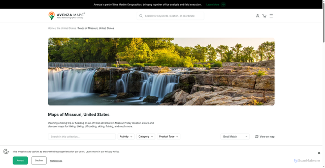 Security scan screenshot of https://store.avenza.com/collections/maps-of-missouri-united-states?srsltid=AU7gw4XvRJ15F0WPzVJ8mbPgtPQu2PsJqJiJ7Y3fk9sqOPcHLncEuGCY