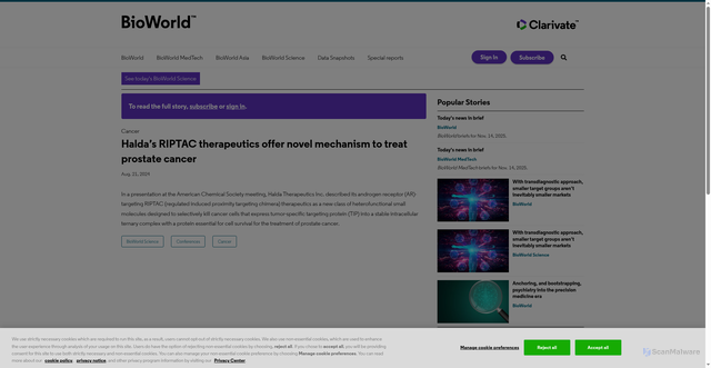 Security scan screenshot of https://www.bioworld.com/articles/711704-haldas-riptac-therapeutics-offer-novel-mechanism-to-treat-prostate-cancer