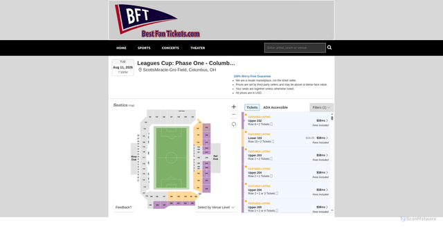 Security scan screenshot of https://www.bestfantickets.com/results-ticket?evtid=7791537&event=Leagues+Cup%3A+Phase+One+-+Columbus+Crew+vs.+Pumas+UNAM