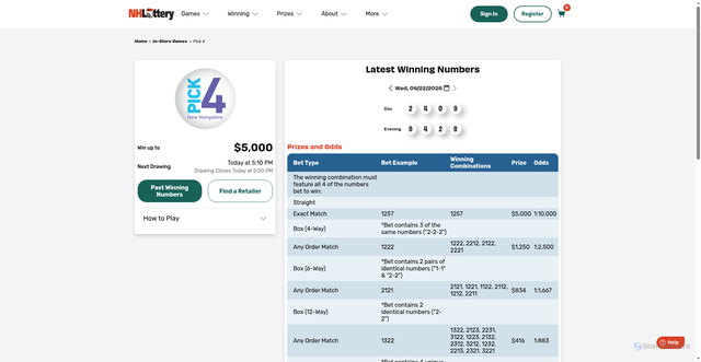Security scan screenshot of https://nhlottery.com/game/pick-four