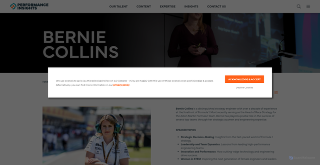 Security scan screenshot of https://performanceinsights.co.uk/our-talent/bernie-collins