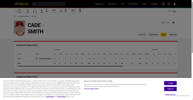 Security scan screenshot of https://www.nbcsports.com/mlb/cade-smith/68461/stats