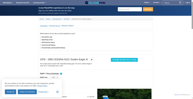 Security scan screenshot of https://planephd.com/wizard/details/319/CESSNA-421C-Golden-Eagle-III-specifications-performance-operating-cost-valuation