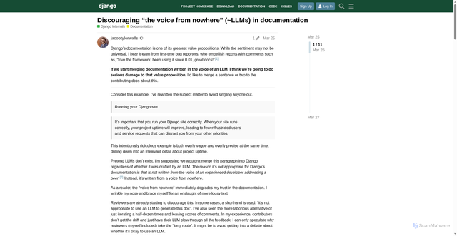 Security scan screenshot of https://forum.djangoproject.com/t/discouraging-the-voice-from-nowhere-llms-in-documentation/44699