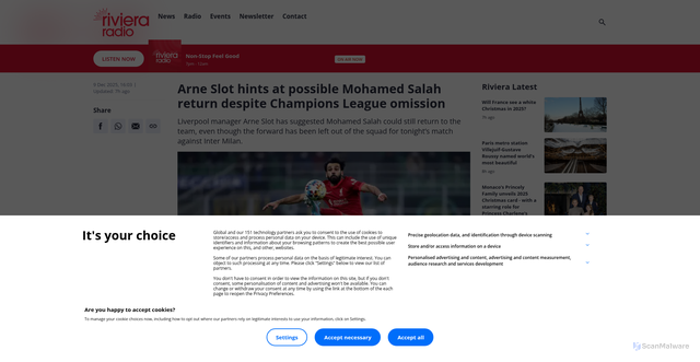 Security scan screenshot of https://www.rivieraradio.mc/article/arne-slot-hints-at-possible-mohamed-salah-return-despite-champions-league-omissi-5HjdP9m_2/