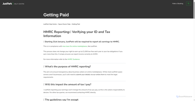 Security scan screenshot of https://support-uk.justpark.com/hc/en-gb/articles/39718544195857-HMRC-Reporting-Verifying-your-ID-and-Tax-Information